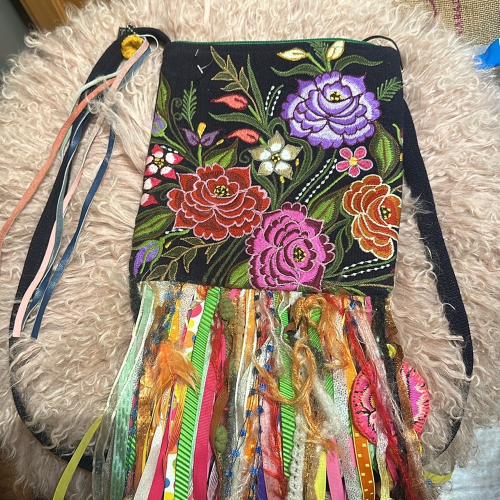 Hand Embroidered in Mexico Floral Ribbon Fringe Bag